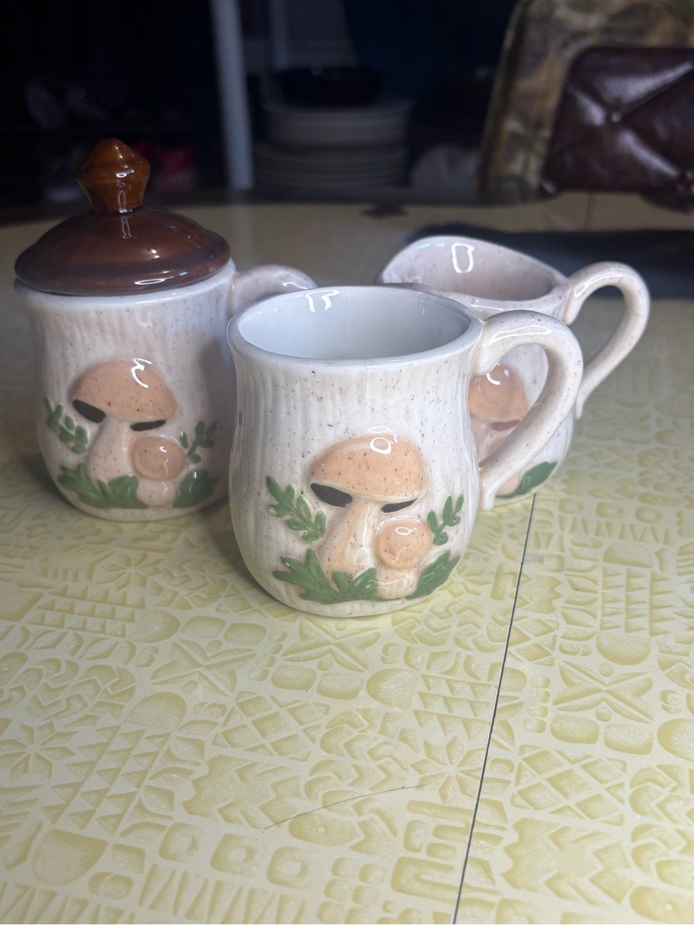 Vintage Ceramic Mushroom Creamer, Sugar Jar and Mug Set - Beige & Brown